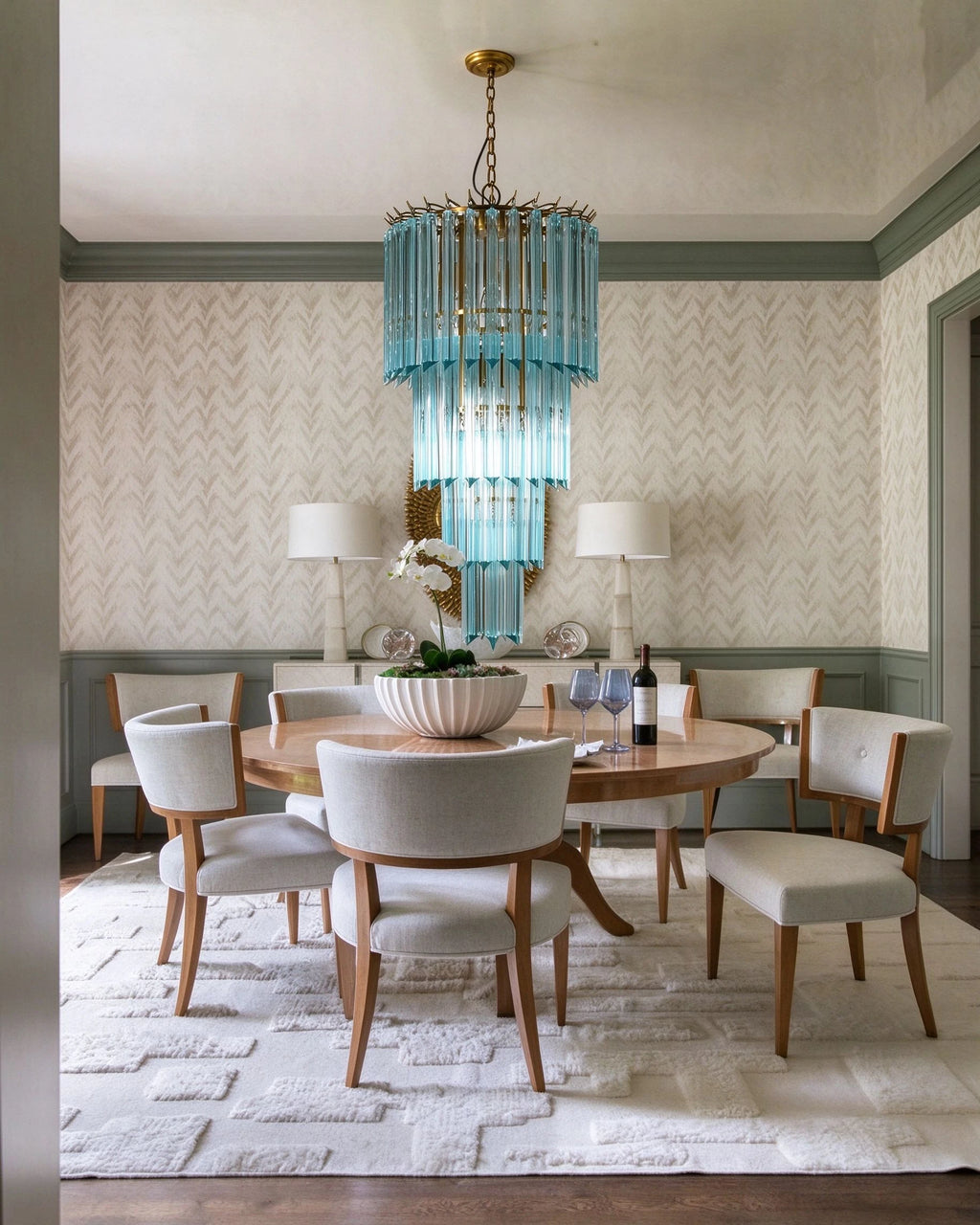 Modern Blue Multi-Tier Crystal Glass Chandelier Over Dining Table