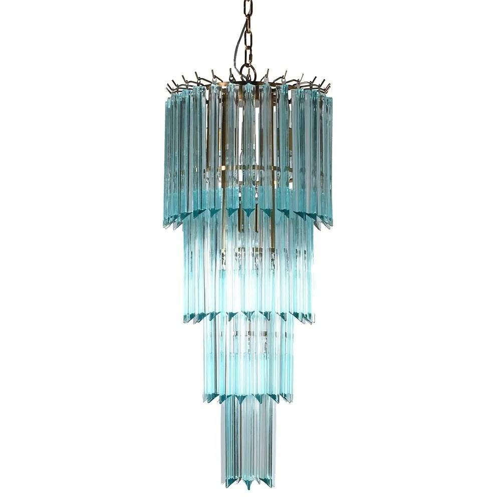 Illuminated Modern Blue Multi-Tier Tiered Crystal Glass Chandelier Studio Shot
