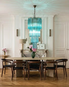 Modern Blue Tiered Crystal Glass Chandelier in Contemporary Dining Space