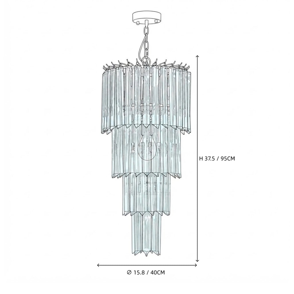 Modern Blue Multi-Tier Tiered Crystal Glass Chandelier Line Art Dimension Diagram