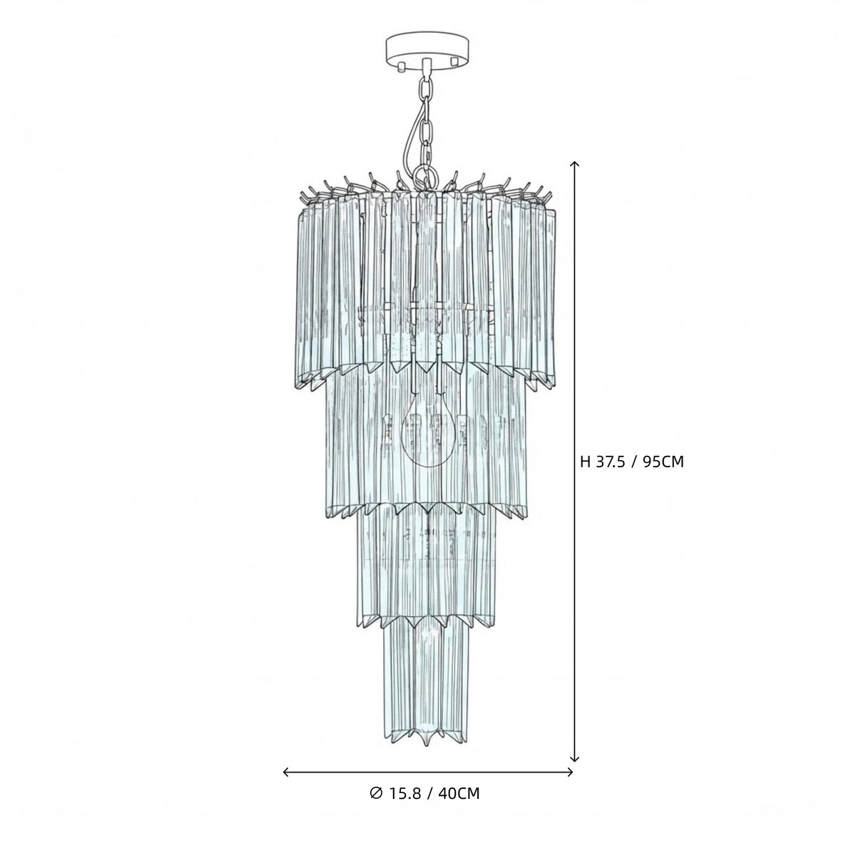 Modern Blue Multi-Tier Tiered Crystal Glass Chandelier Line Art Dimension Diagram