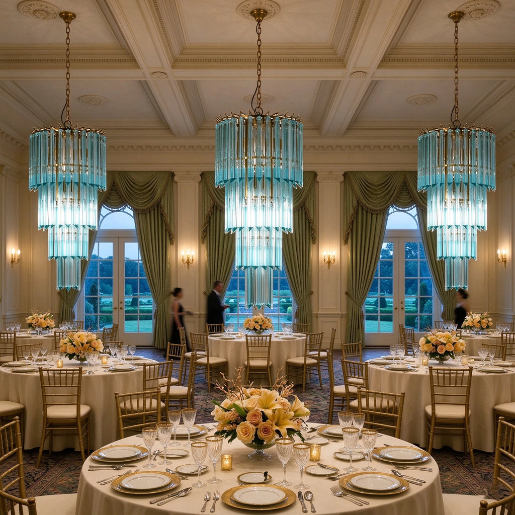 Modern Blue Tiered Crystal Glass Chandelier in Grand Banquet Hall