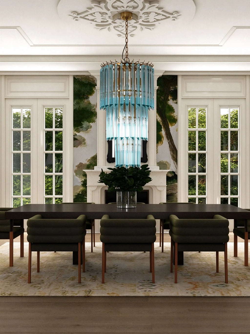 Modern Blue Multi-Tier Crystal Glass Chandelier in Formal Dining Room