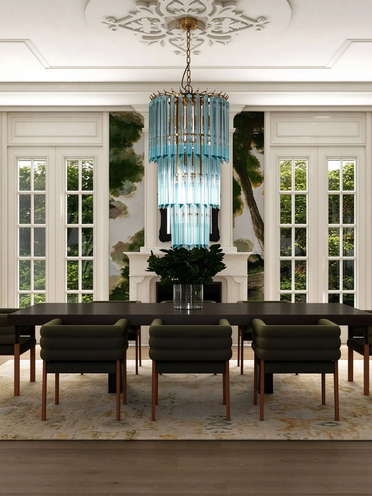 Modern Blue Multi-Tier Crystal Glass Chandelier in Formal Dining Room