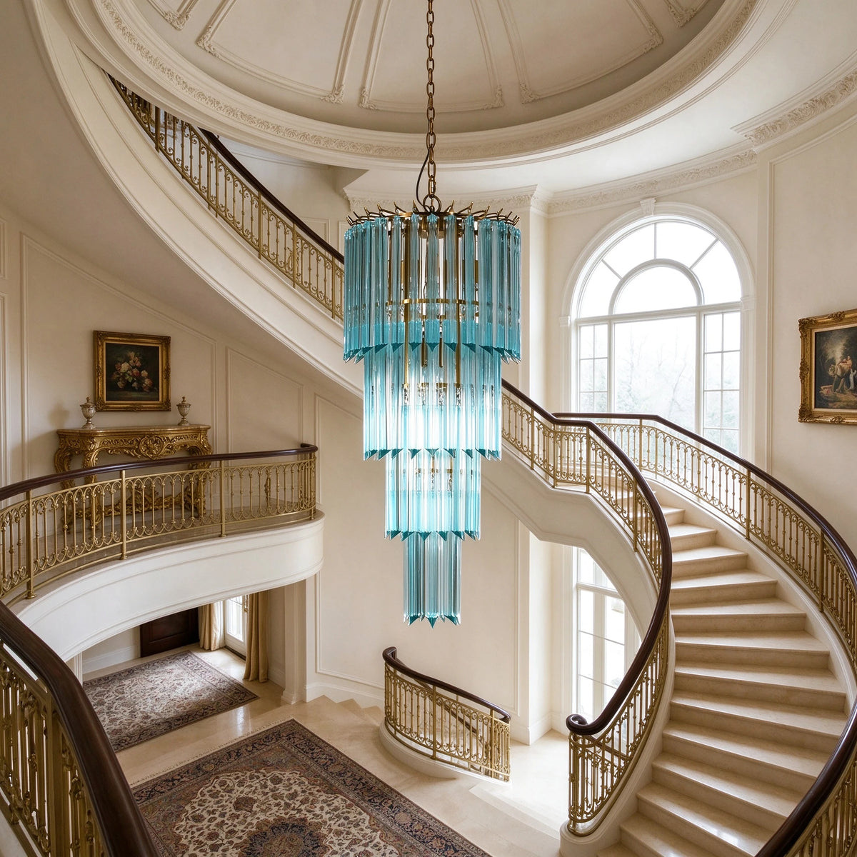 Modern Blue Tiered Crystal Glass Chandelier in Grand Staircase Rotunda