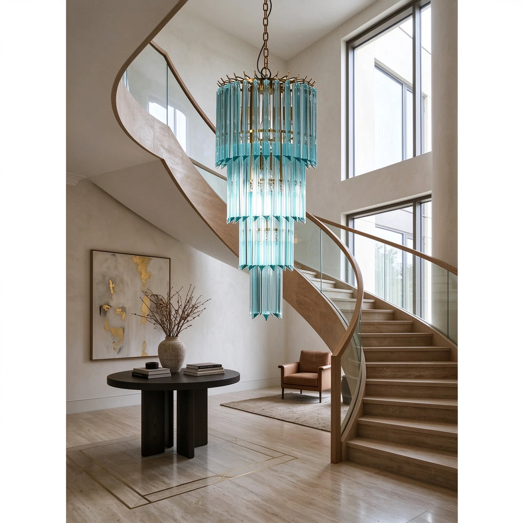 Modern Blue Multi-Tier Crystal Glass Chandelier in Open Living Space