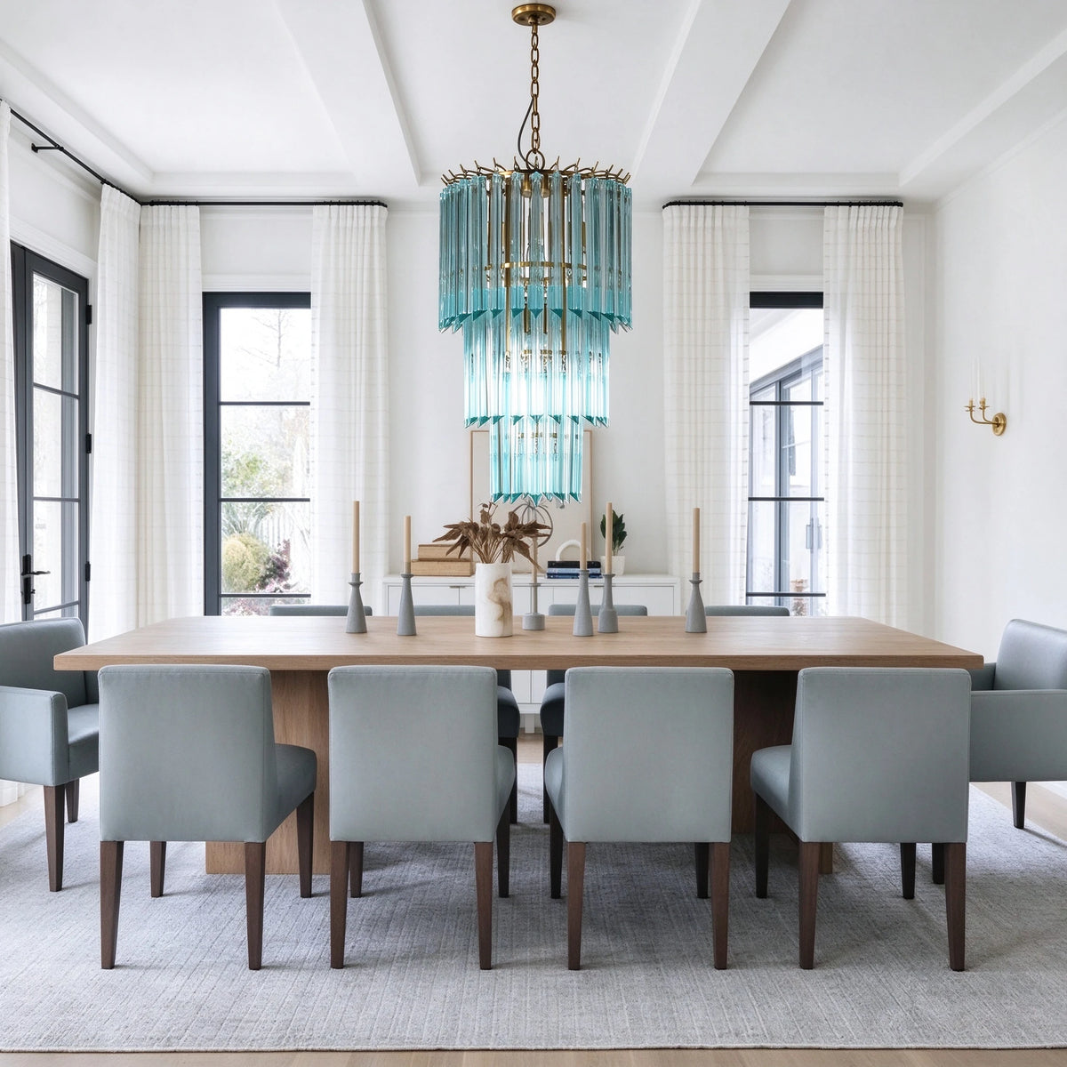 Modern Blue Tiered Crystal Glass Chandelier in Elegant Dining Setting