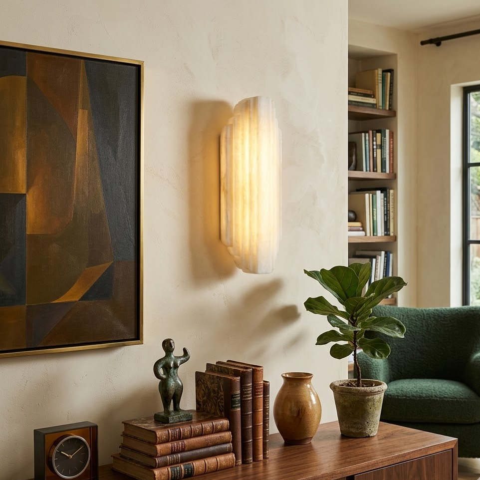 Lit Arcadia Tiered Alabaster Sconce mounted on living room gallery wall