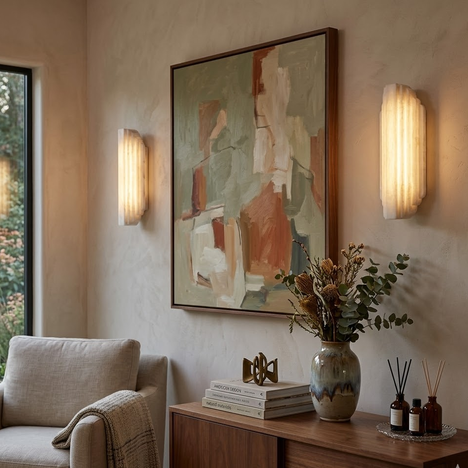 Pair of glowing Arcadia Tiered Alabaster Sconces beside abstract wall artwork