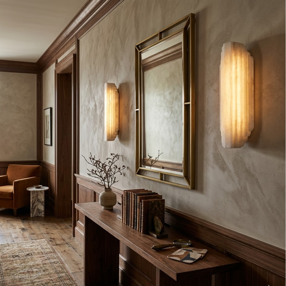 Arcadia Tiered Alabaster Sconce lighting hallway vanity wall with mirror
