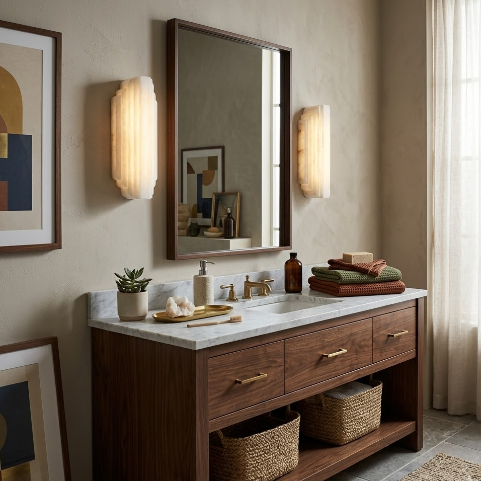 Pair of glowing Arcadia Tiered Alabaster Sconces beside abstract wall artwork