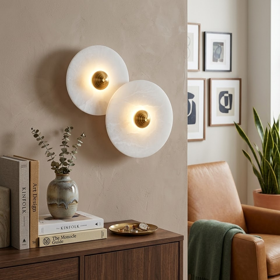 Two illuminated Solaris stone disc wall lamps mounted on living room accent wall