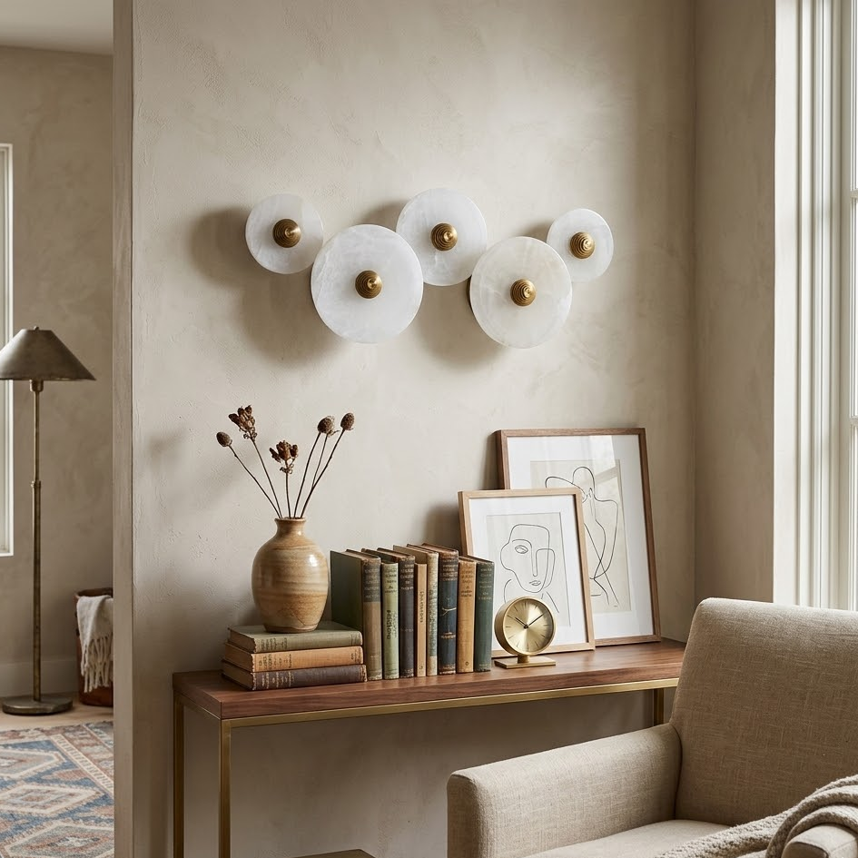 Unlit single Solaris Stone Disc Wall Lamp with brass center on white backdrop