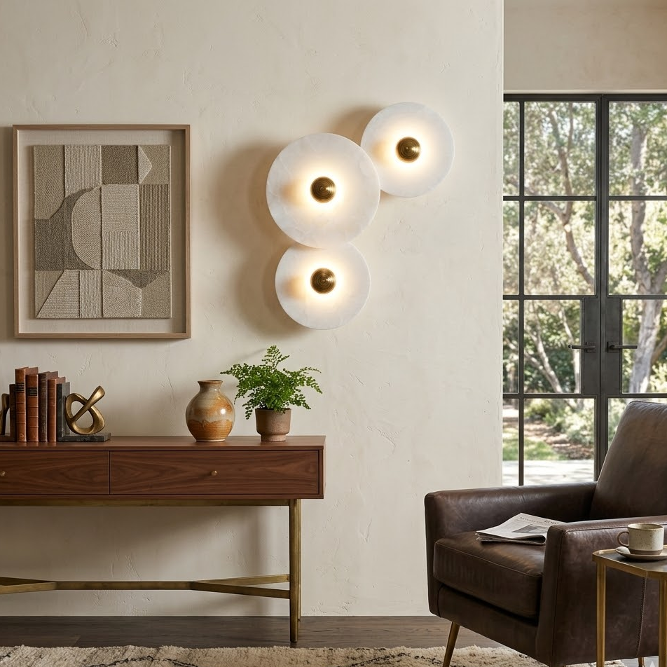 Cluster of glowing Solaris alabaster disc sconces above wooden entry console table