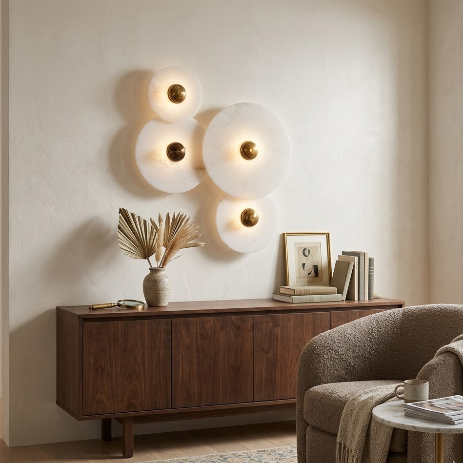Three overlapping Solaris alabaster disc wall lights against pure black background