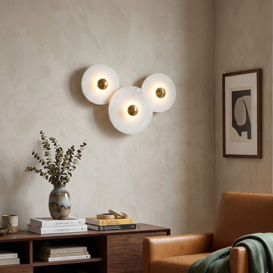 Group of Solaris round alabaster wall sconces brightening modern dining room wall