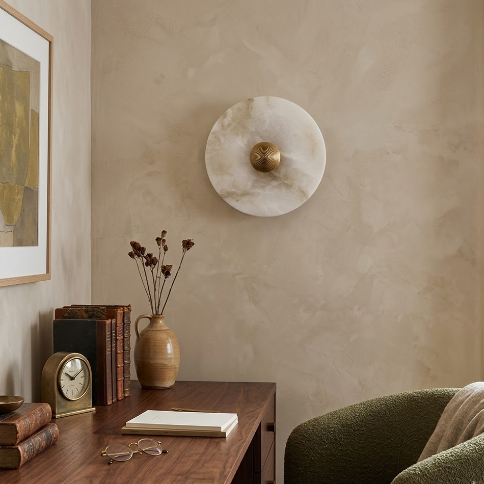 Single lit Solaris Stone Disc Wall Lamp on textured neutral interior wall