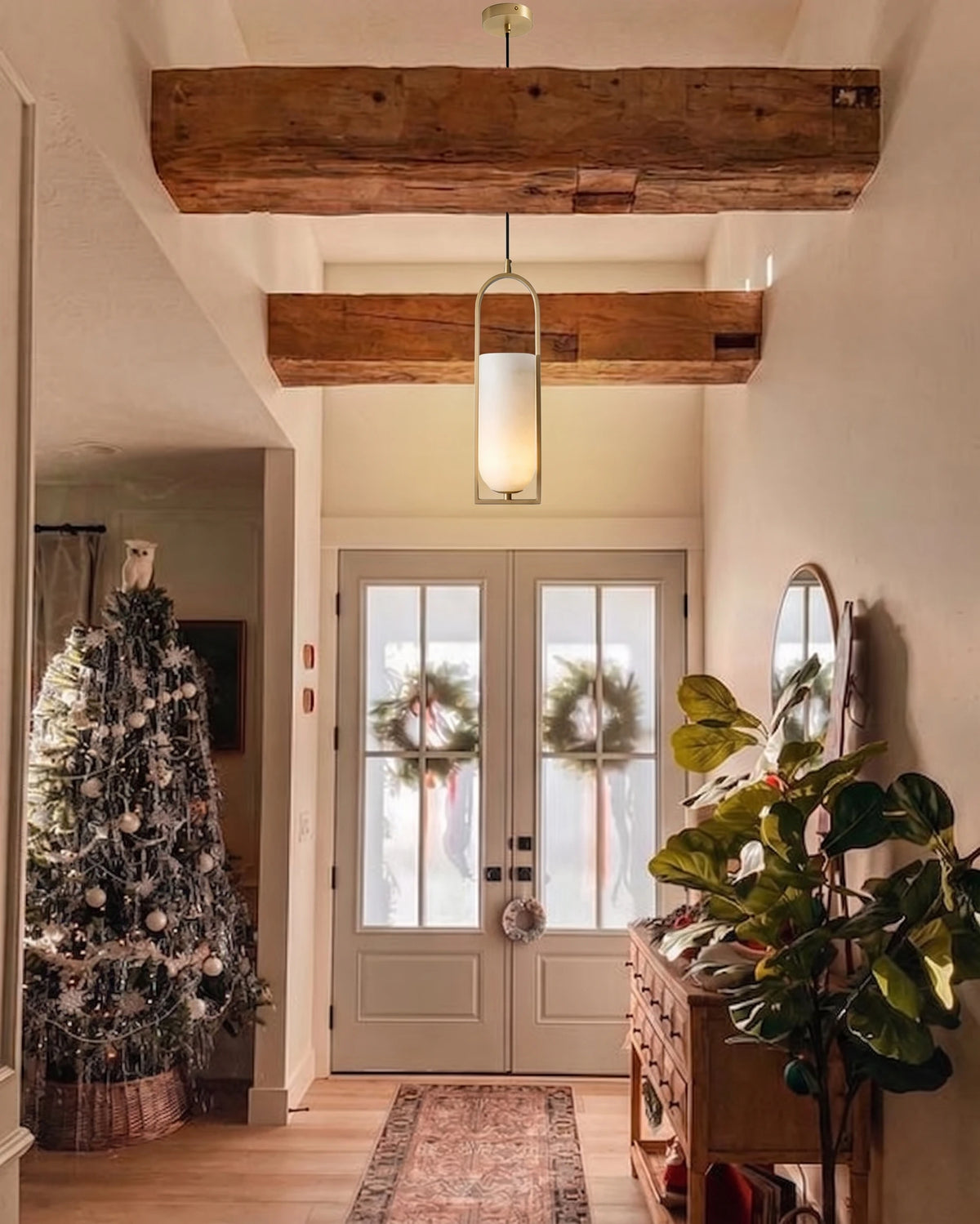 Brass Alabaster Cylinder Arch Pendant Light Over Entryway Hallway