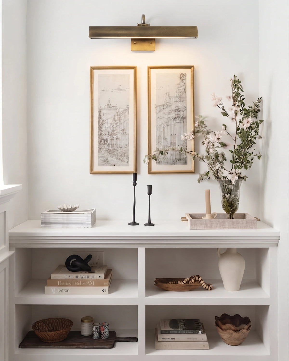Modern Brass Linear Picture Light Over Display Shelf