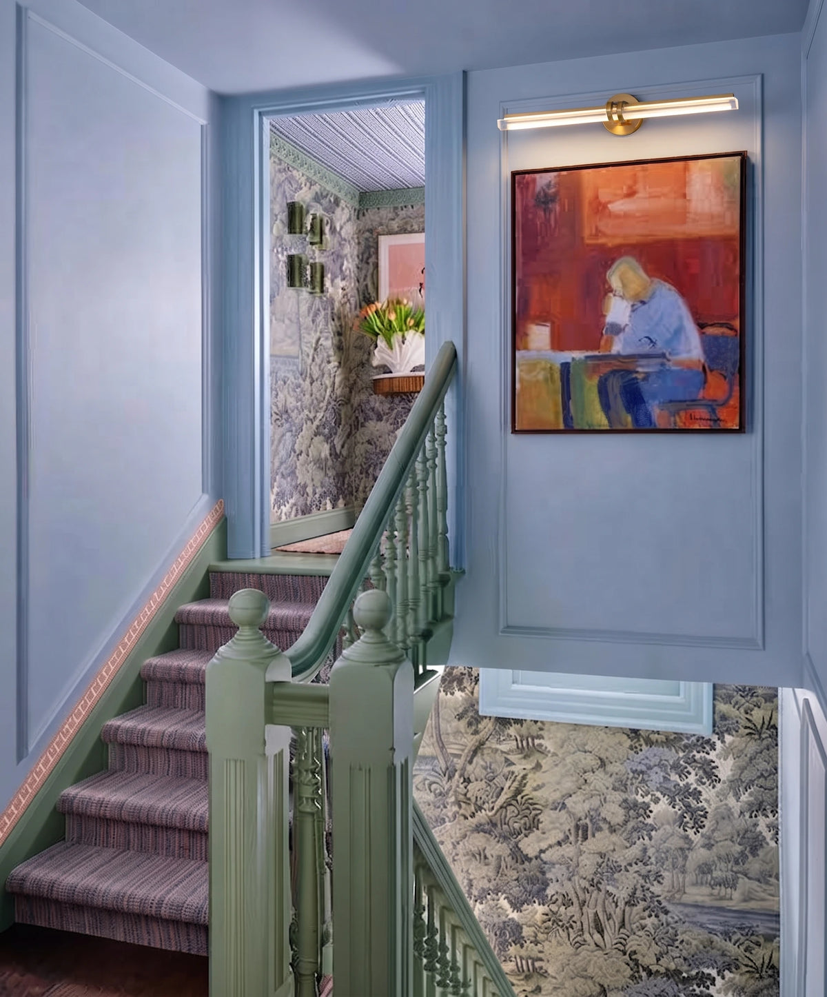 Modern Faceted Glass Picture Light Over Artwork in Stairway