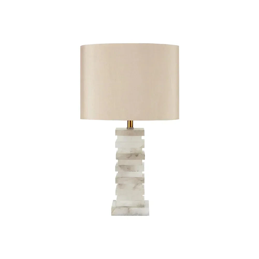 Modern Stacked Ring Alabaster Table Lamp with Cylinder Fabric Shade and Brass Accents on Pure White Background
