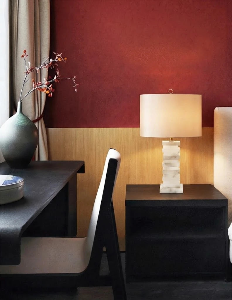 Modern Stacked Ring Alabaster Table Lamp in Classic Study Setting