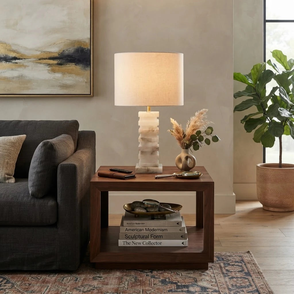 Modern Stacked Ring Alabaster Table Lamp in Casual Living Room