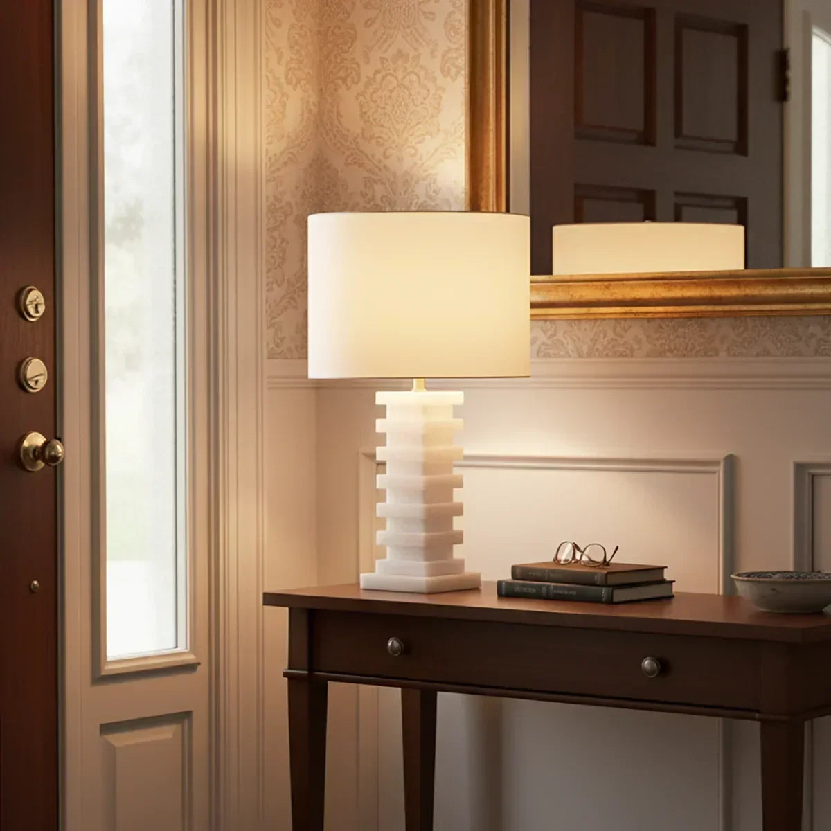 Modern Alabaster Table Lamp with Fabric Shade in Grand Hallway Foyer