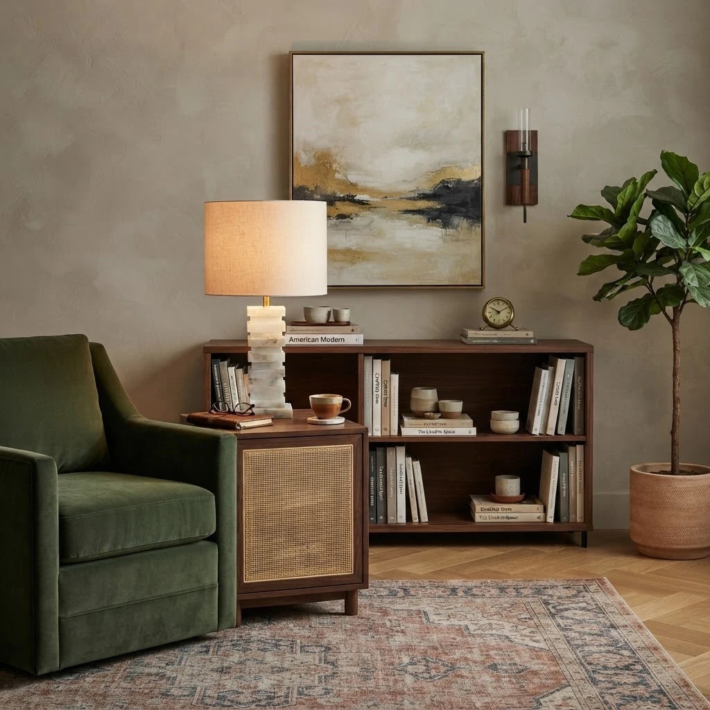 Modern Stacked Ring Alabaster Table Lamp in Cozy Living Room