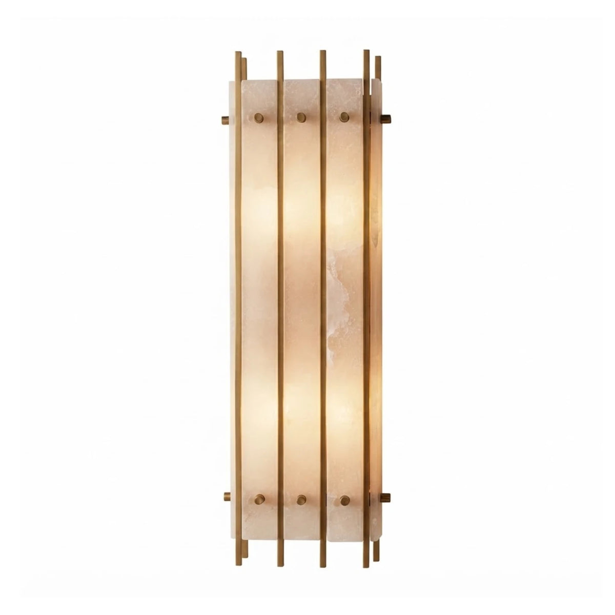 Modern Brass and Alabaster Multi-Bar Wall Sconce with Vertical Rod Detailing on Pure White Background