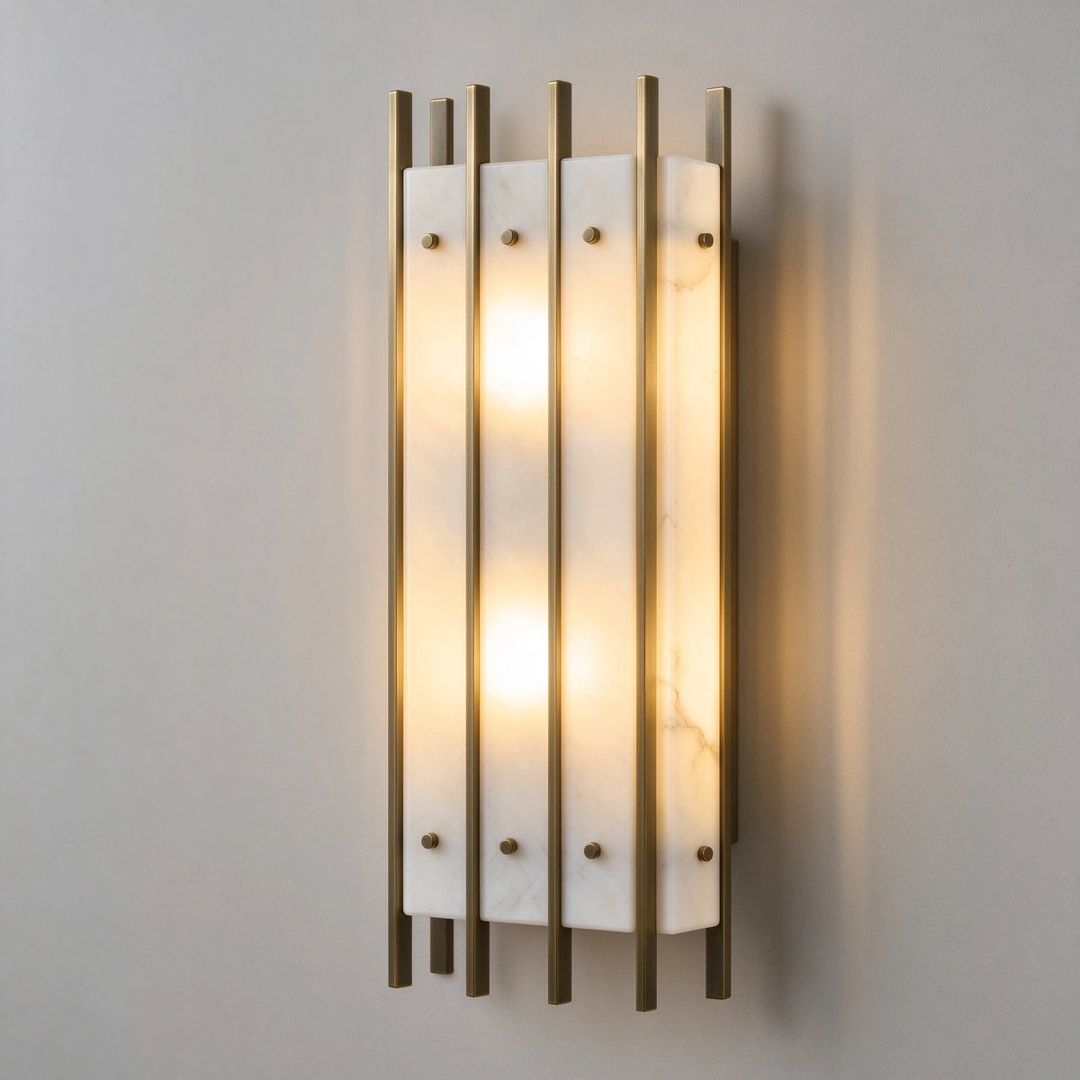 Illuminated Modern Brass Alabaster Multi-Bar Wall Sconce Studio Shot on White Background