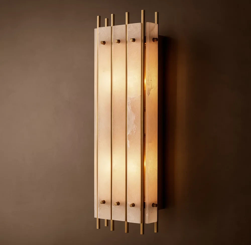 Illuminated Modern Brass Alabaster Multi-Bar Wall Sconce Studio Display on Dark Background