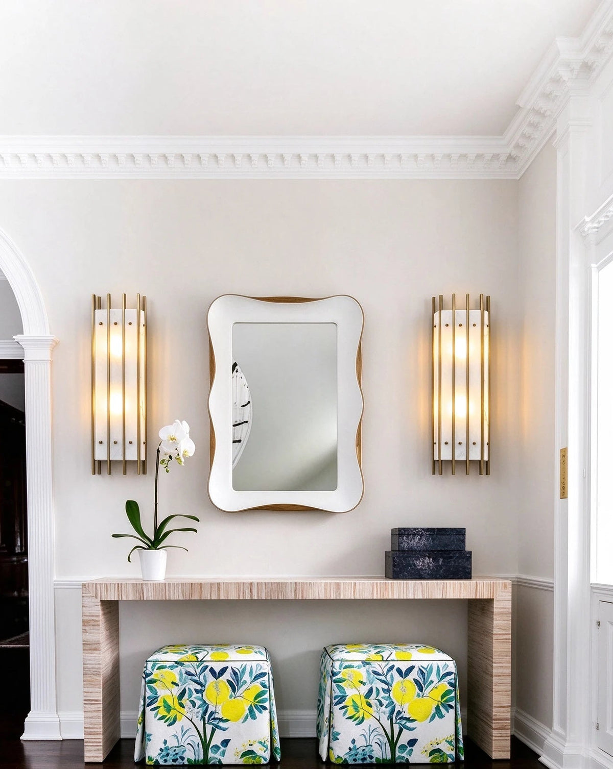 Modern Brass Alabaster Multi-Bar Wall Sconce in Grand Foyer Interior