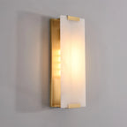 Illuminated Modern Brass Alabaster Flat Wall Sconce Studio Shot on Grey Background