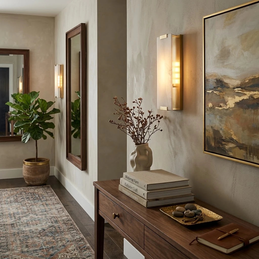 Modern Alabaster Flat Wall Sconce in Elegant Hallway Corridor