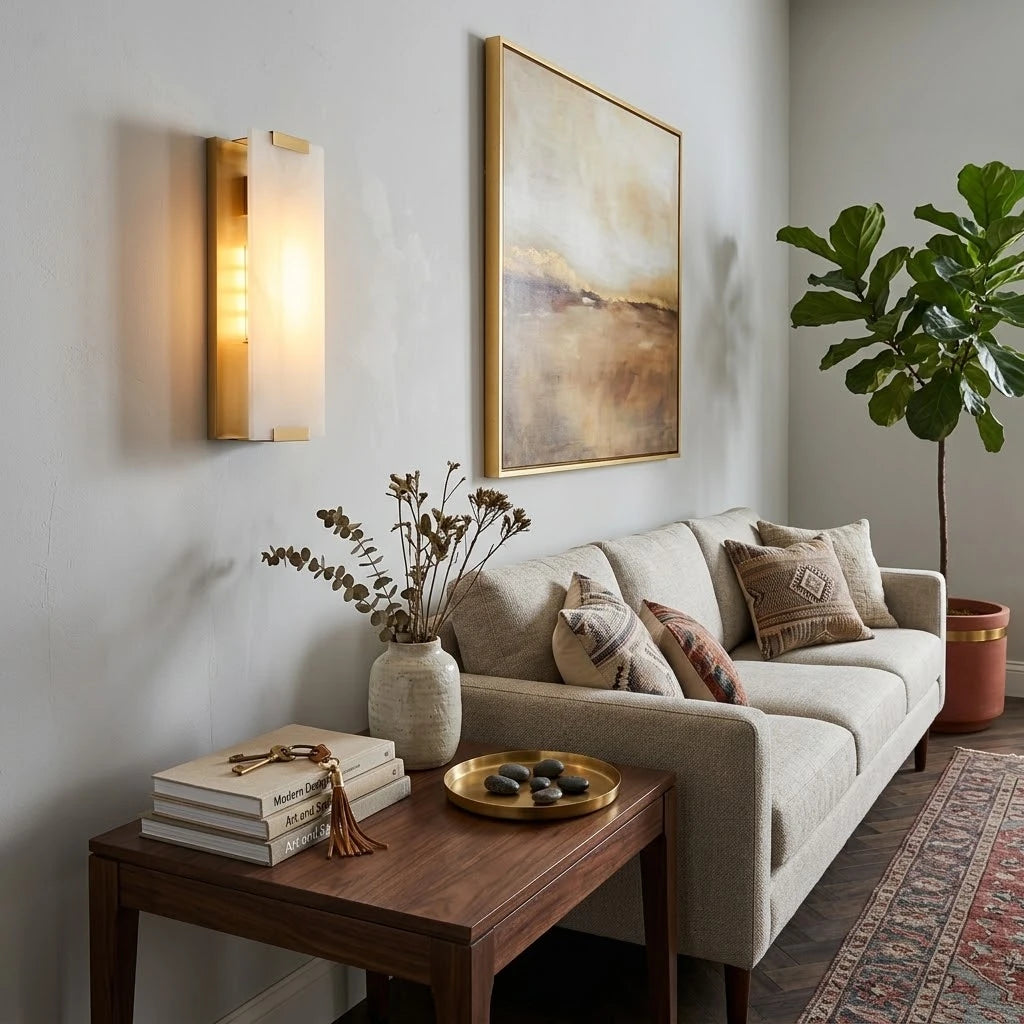 Modern Brass Alabaster Wall Sconce in Cozy Living Room