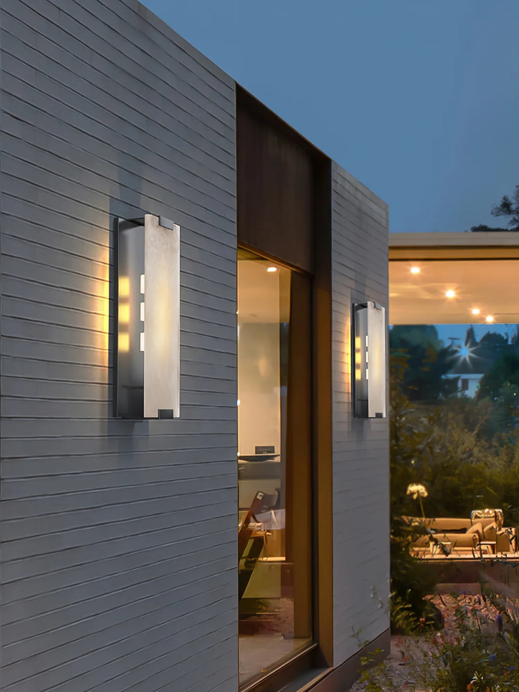 Modern Brass Alabaster Wall Sconce in Exterior Architectural Lighting Setting