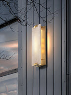 Modern Alabaster Flat Wall Sconce in Outdoor Night Illumination View