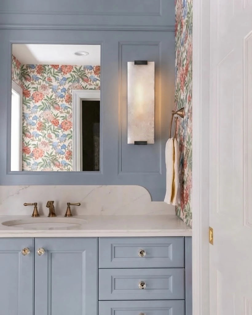Modern Brass Alabaster Wall Sconce in Luxury Bathroom Vanity Area
