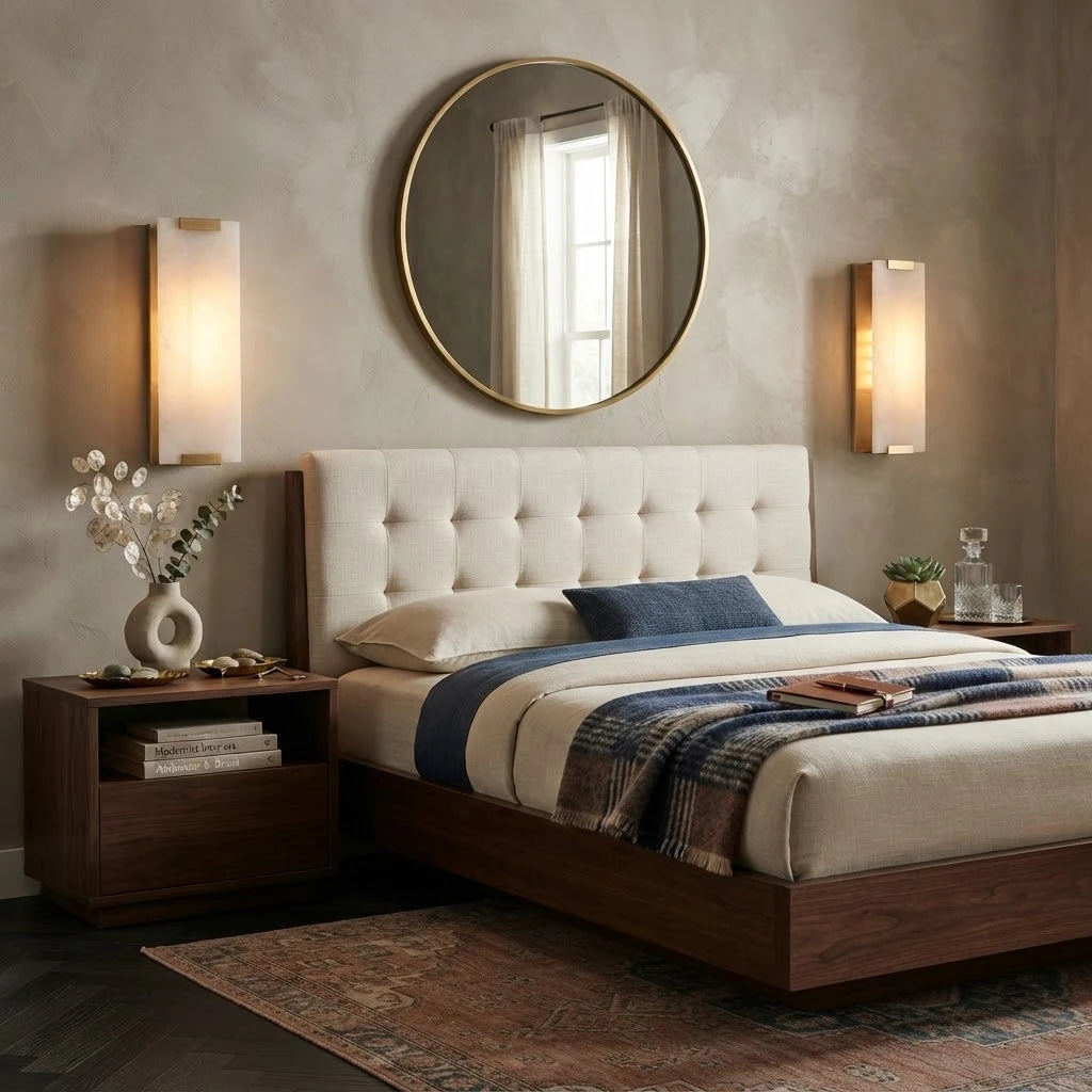 Modern Brass Alabaster Wall Sconce in Master Bedroom Suite