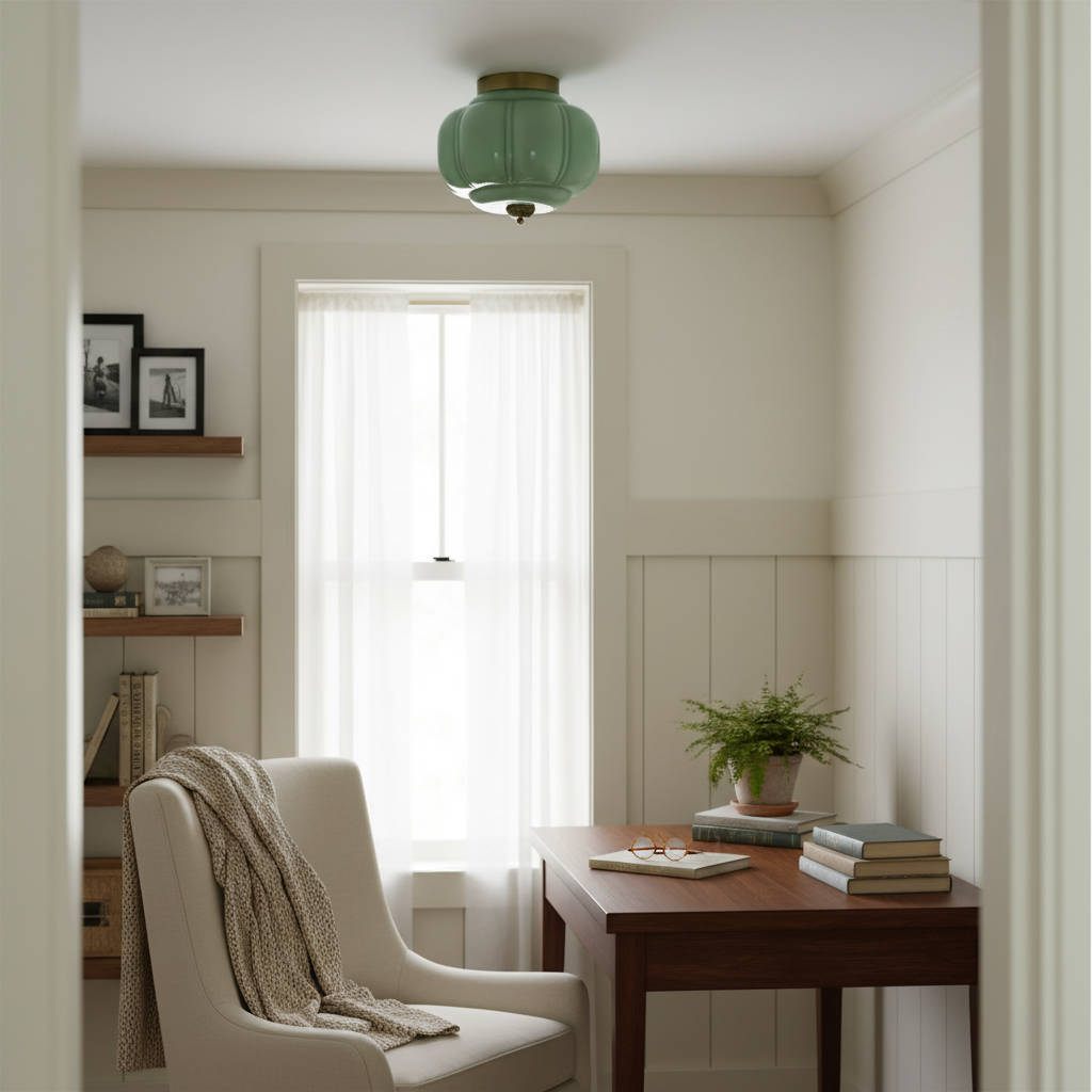 Art Deco Celadon Ribbed Ceiling Lamp