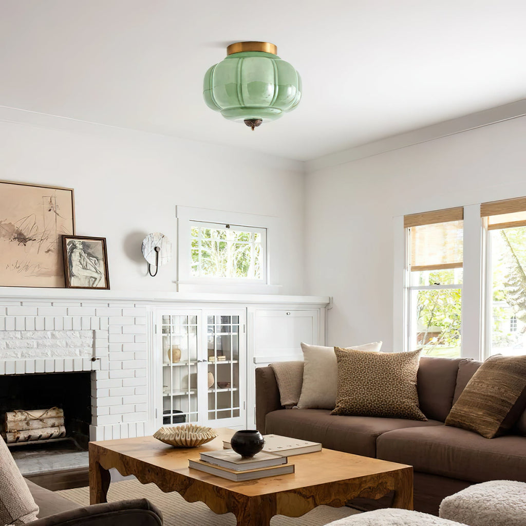 Art Deco Celadon Ribbed Ceiling Lamp