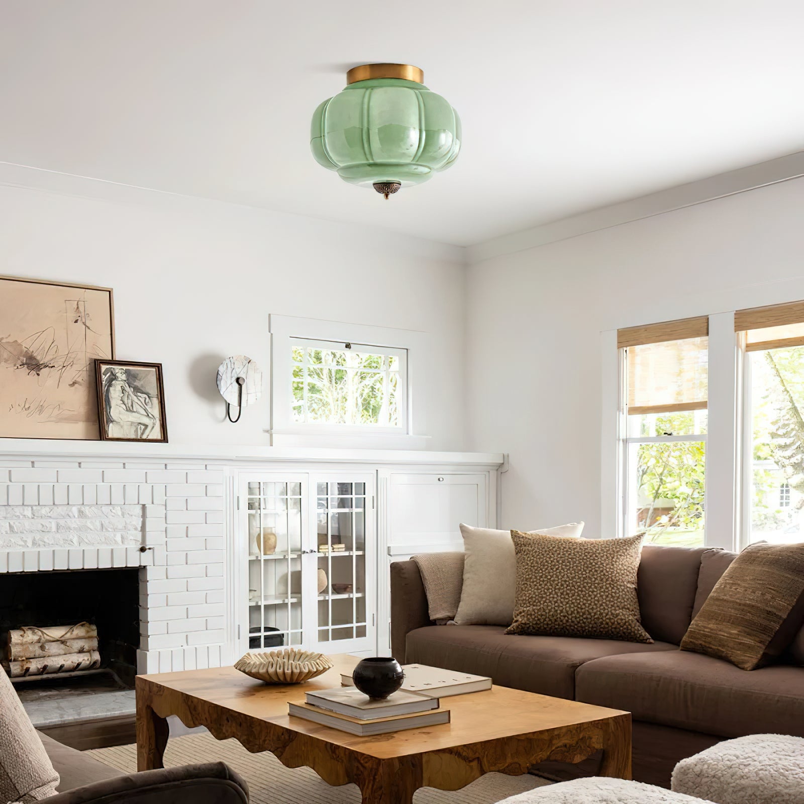 Art Deco Celadon Ribbed Ceiling Lamp