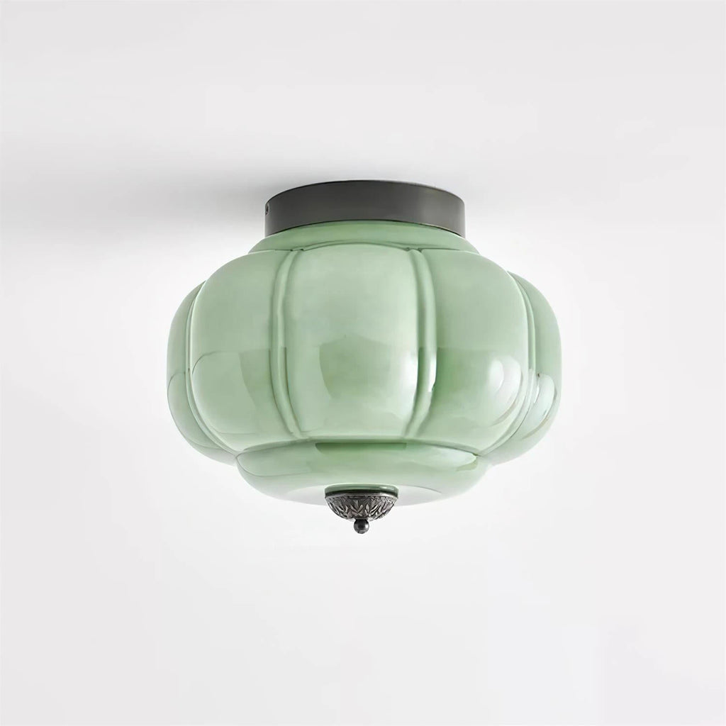 Illuminated Modern Green Pumpkin Art Glass Ceiling Light Studio Shot