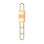 Modern Brass and Alabaster Wall Sconce with Rectangular Shade and Interlocking Ring Design on Pure White Background