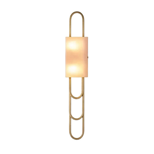 Modern Brass and Alabaster Wall Sconce with Rectangular Shade and Interlocking Ring Design on Pure White Background