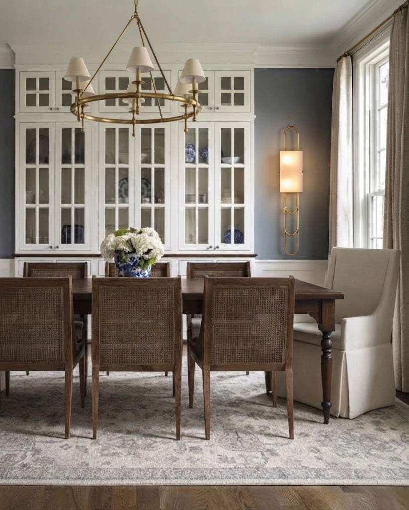 Modern Brass Alabaster Wall Sconce in Formal Dining Room