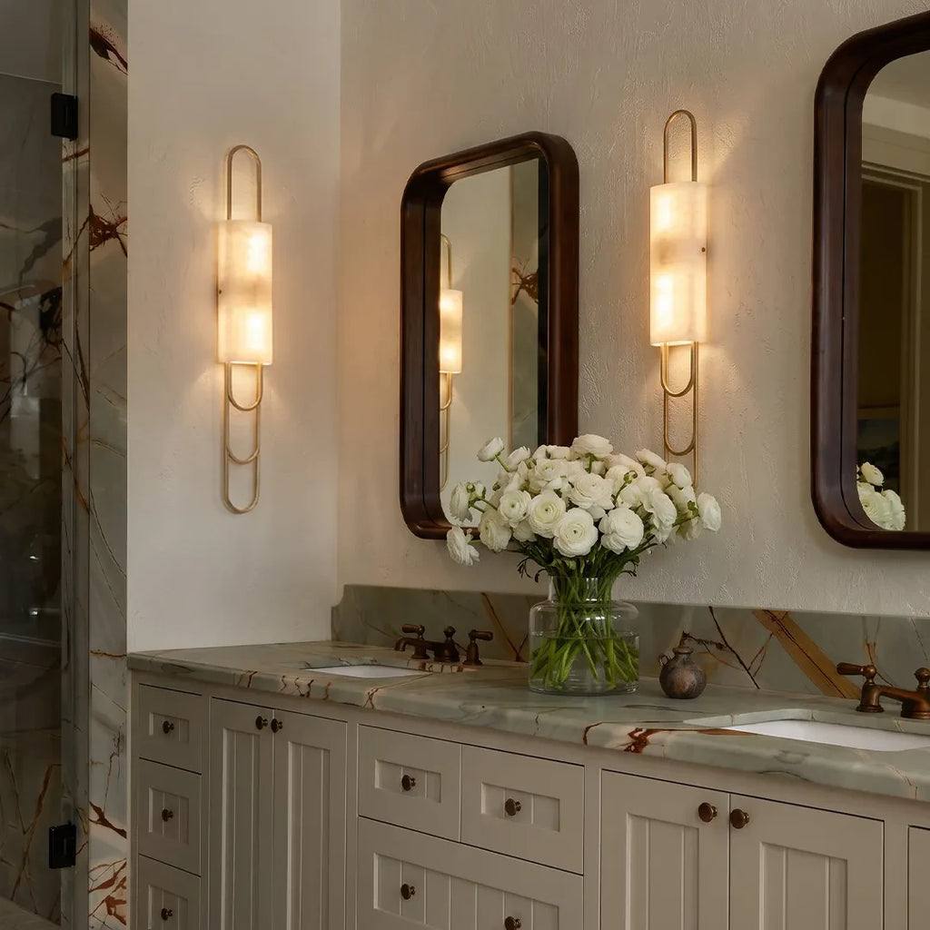 Modern Brass Alabaster Wall Sconce in Luxury Bathroom Vanity Area