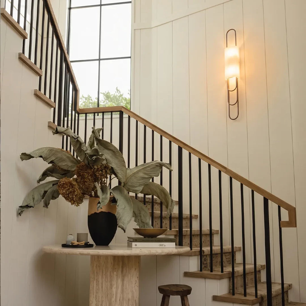 Modern Brass Alabaster Wall Sconce in Grand Staircase Foyer Space