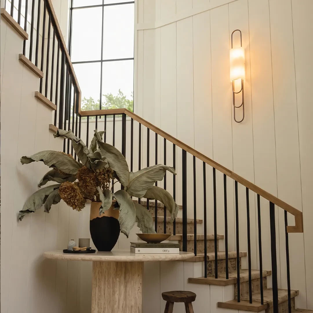 Modern Brass Alabaster Wall Sconce in Grand Staircase Foyer Space